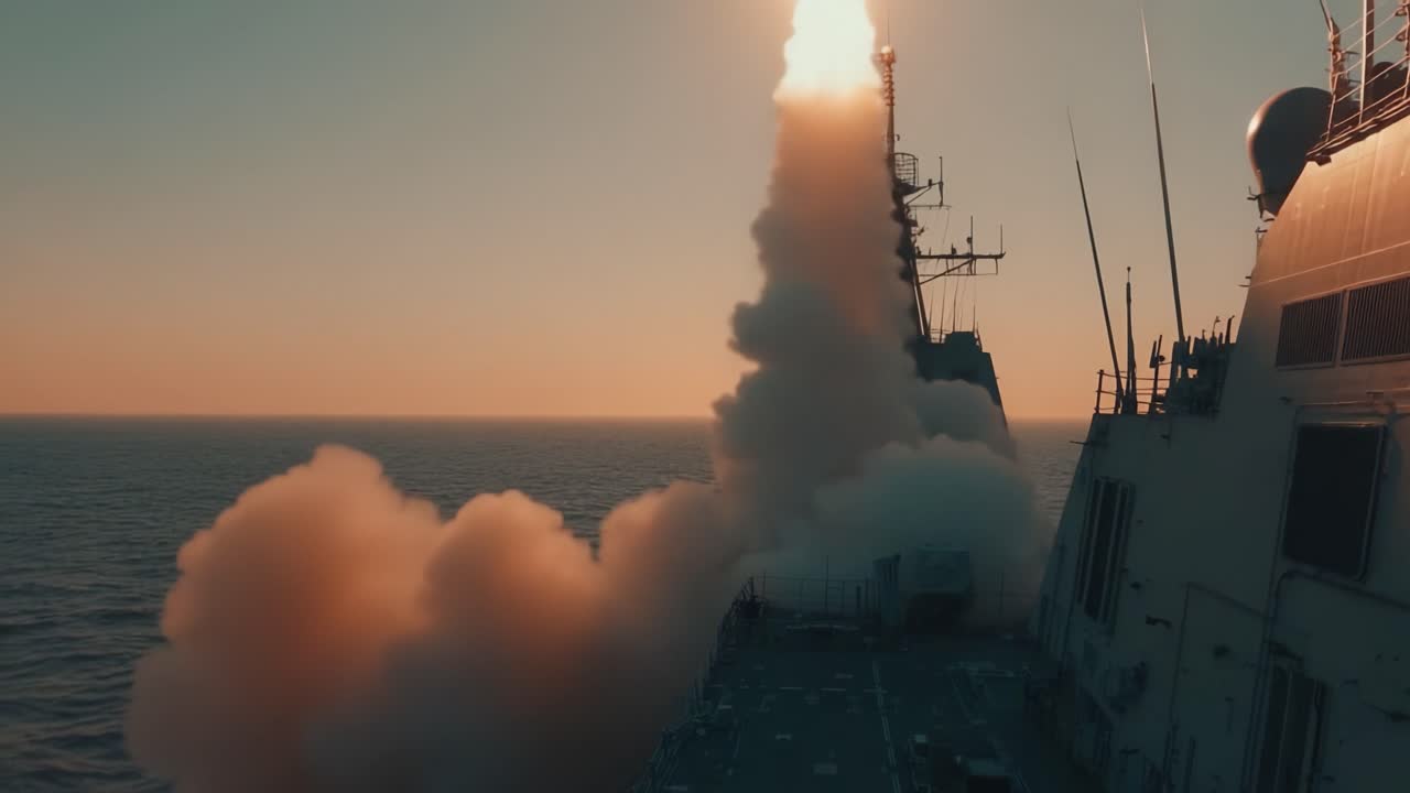 Un'unità navale lancia un missile al tramonto, illuminando l'orizzonte oceanico con una scia infuocata, mentre pennacchi di fumo avvolgono il mare e il cielo in una spettacolare dimostrazione.