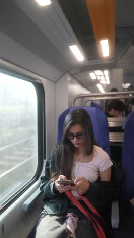mujer usando el teléfono en un tren