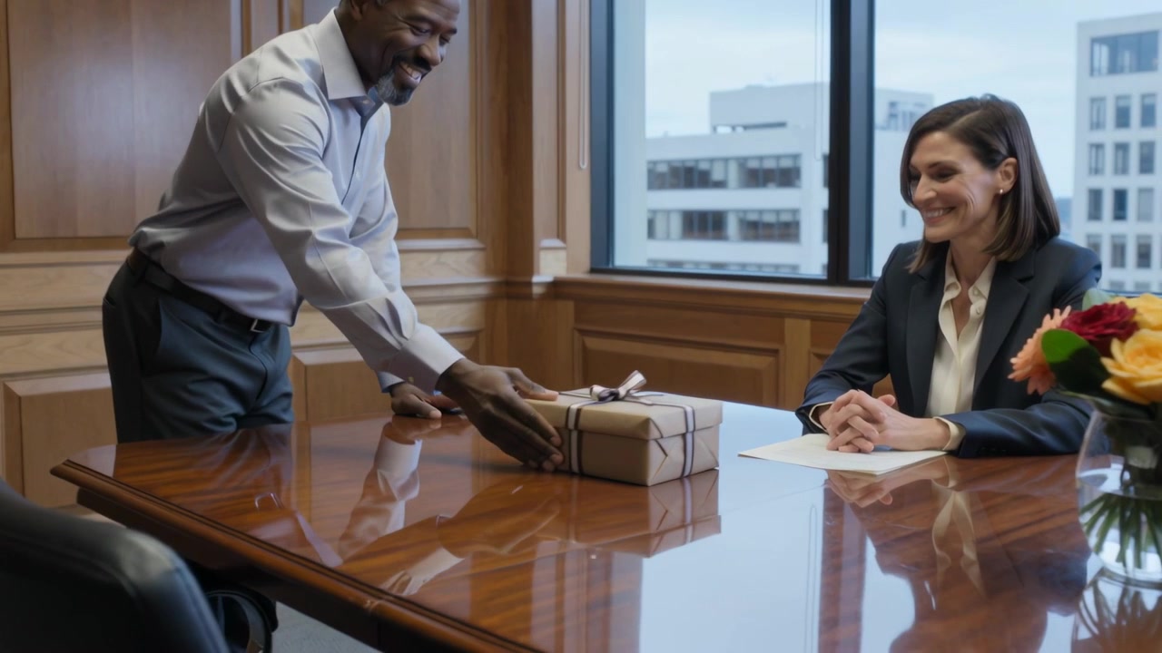 Speaking man in light shirt presenting wrapped gift to colleague in dark blazer at conference table