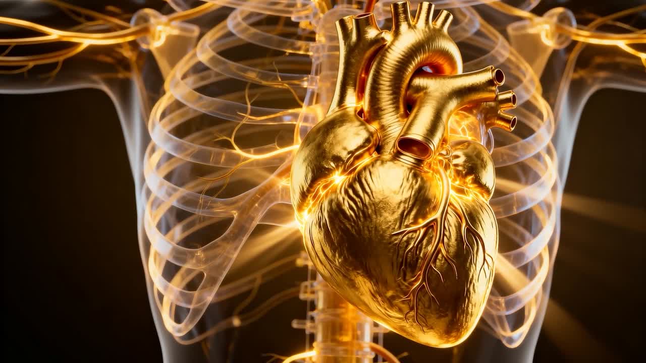 Cuore dorato pulsante che ruota in costole e colonna vertebrale traslucide, luce calda pulsante che mette in risalto i vasi
