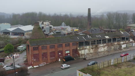 Aerial-view-of-Kensington-Pottery-Works-an-old-abandoned,-derelict-pottery-factory-and-bottle-kiln-located-in-Longport,-Industrial-decline