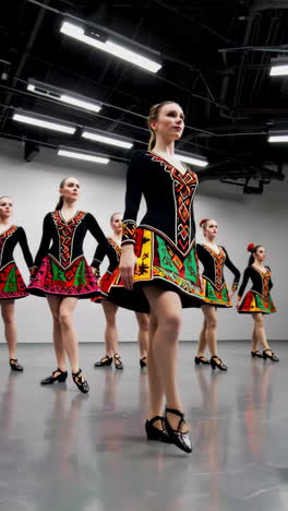 group of young women performing irish folk dance in colorful costumes