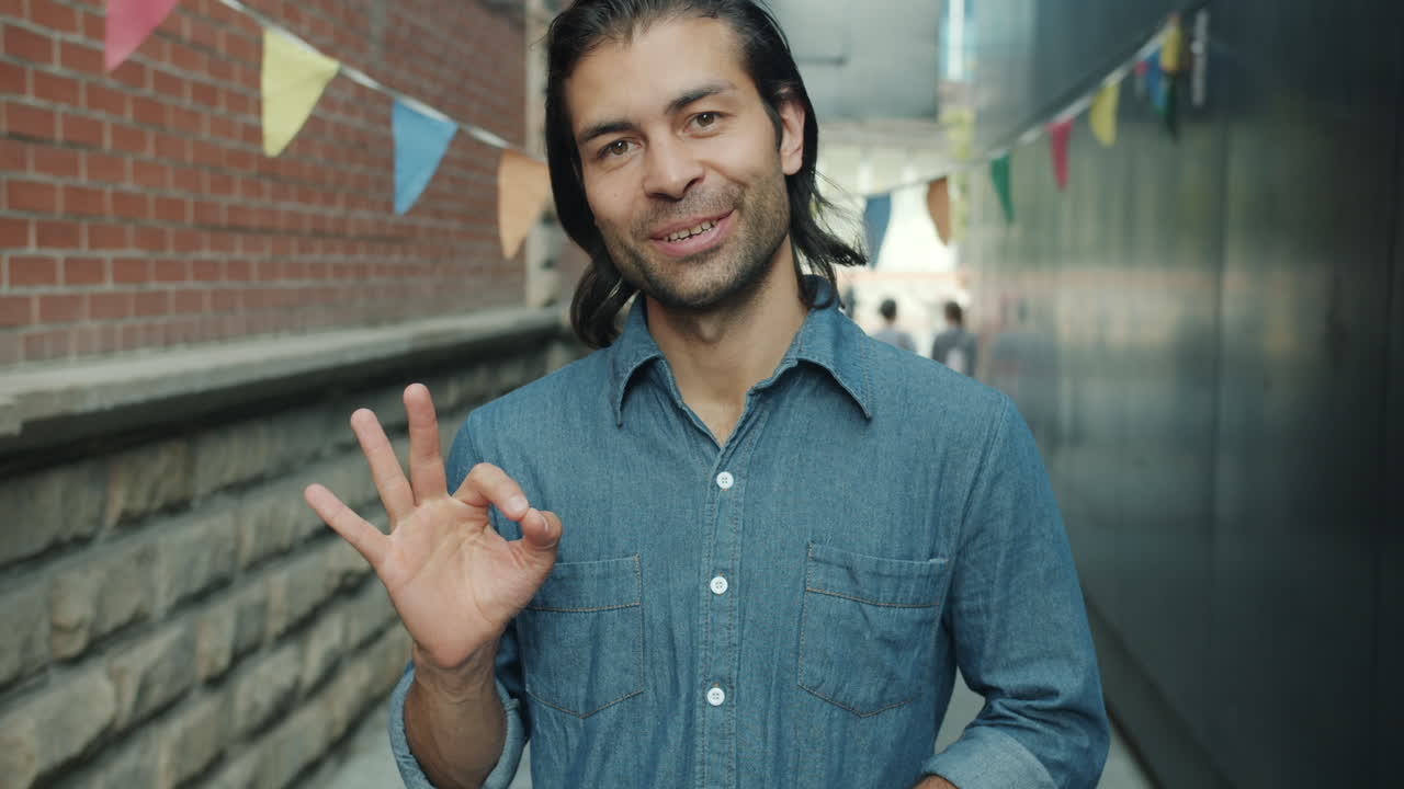 Man Smiling and Making an Ok Sign in an Alleyway