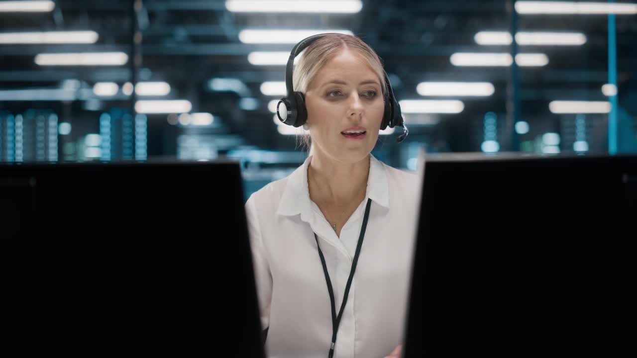 oficina del centro de llamadas: retrato de una amigable mujer caucásica especialista en soporte técnico al cliente hablando con auriculares, usa computadora. el oficial de experiencia del cliente ayuda en línea a través de videoconferencia