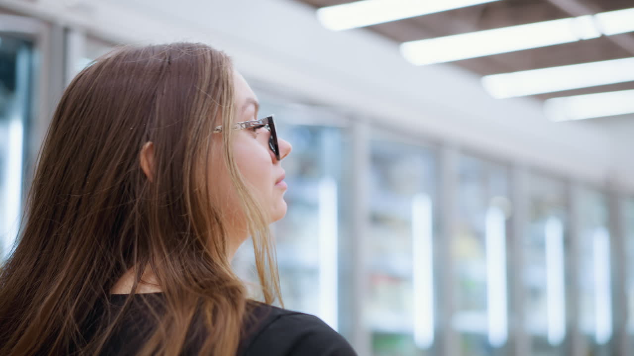 vista de cerca de la cabeza de una mujer con camiseta negra y gafas mirando a su derecha mientras camina a través de un centro comercial brillante y bien iluminado, parece centrada e inmersa en su entorno