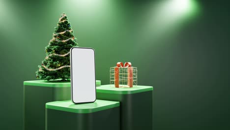 teléfono inteligente, árbol de navidad, y regalo envuelto en fondo verde