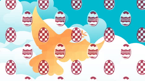 decorative easter eggs icons in seamless pattern against dove bird icon and blue sky