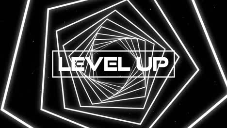 glitch effect over level up text against hexagons spinning in seamless motion on black background