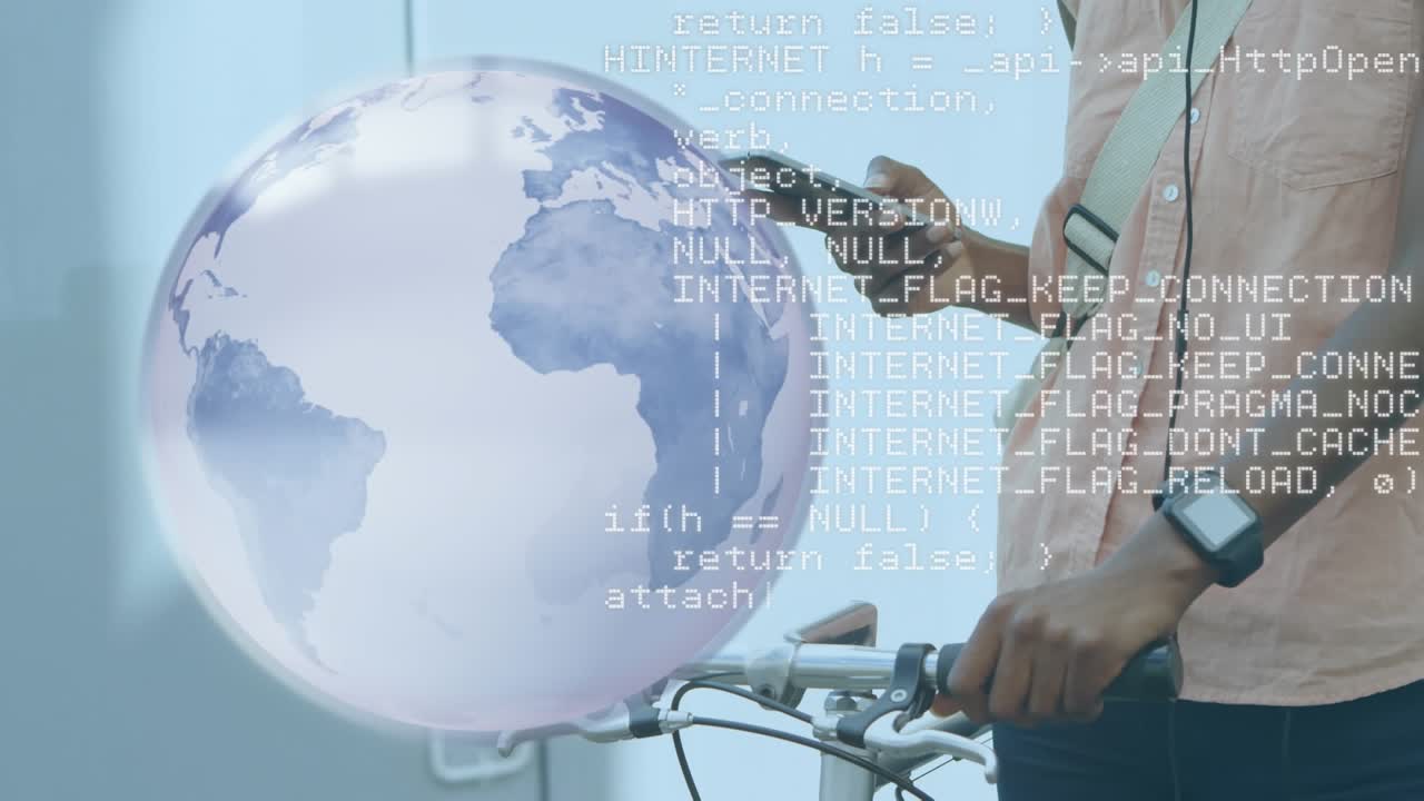 Animation of globe and data processing over man using smartphone