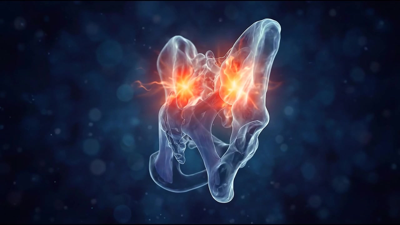 Animazione medica 3D del bacino umano con dolore all'articolazione sacroiliaca