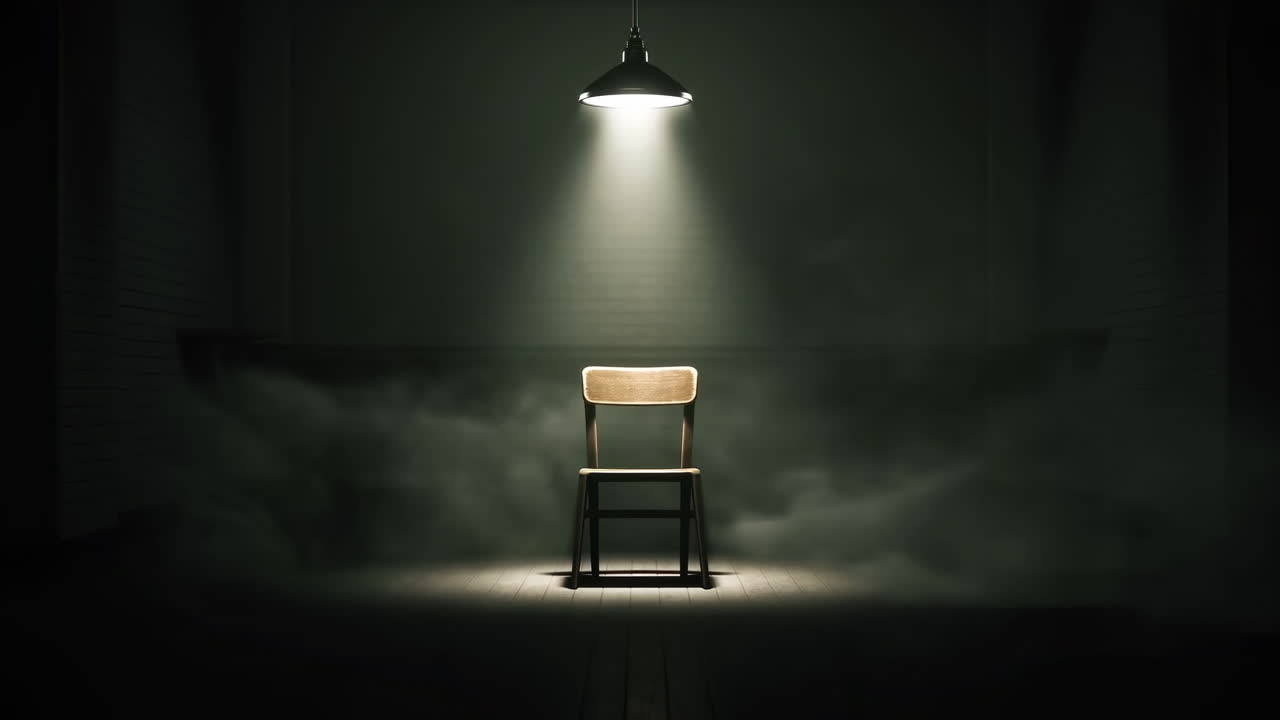 Lonely Wooden Chair Illuminated By Single Overhead Lamp In Dark Room, Heavy Shadows And Dusty Atmosphere