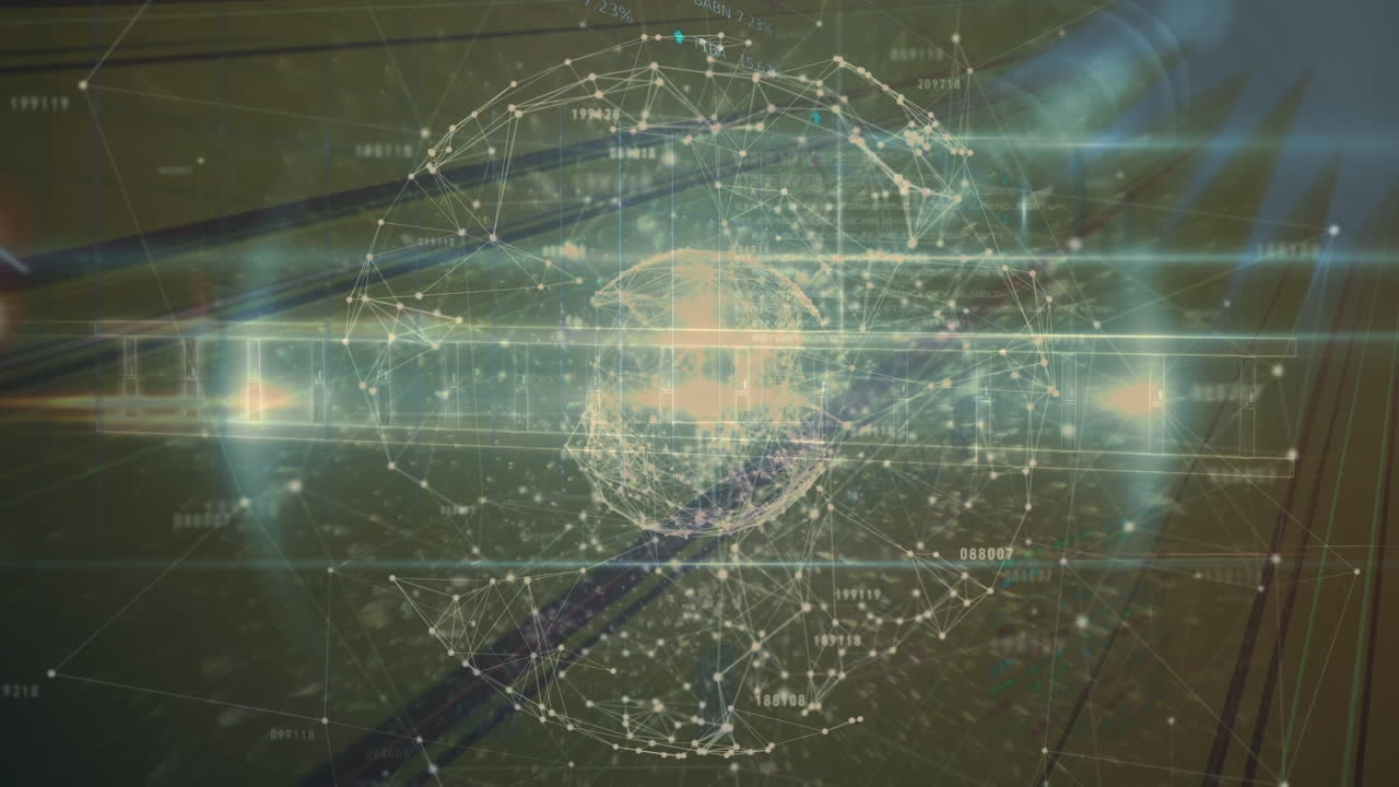 노란색 배경에 빛의 흔적 위에 회전하는 연결 네트워크의 지구의 애니메이션