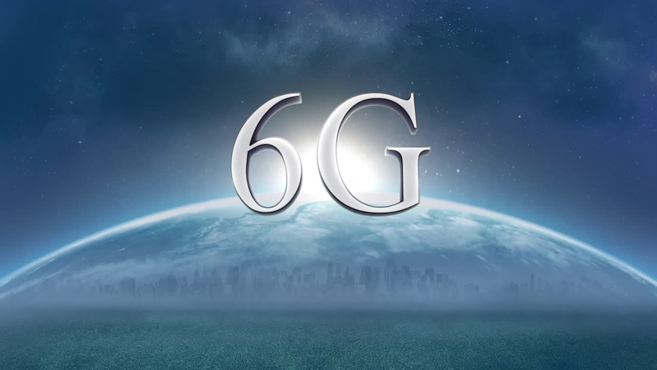 animación de texto de 6g sobre el globo sobre fondo azul