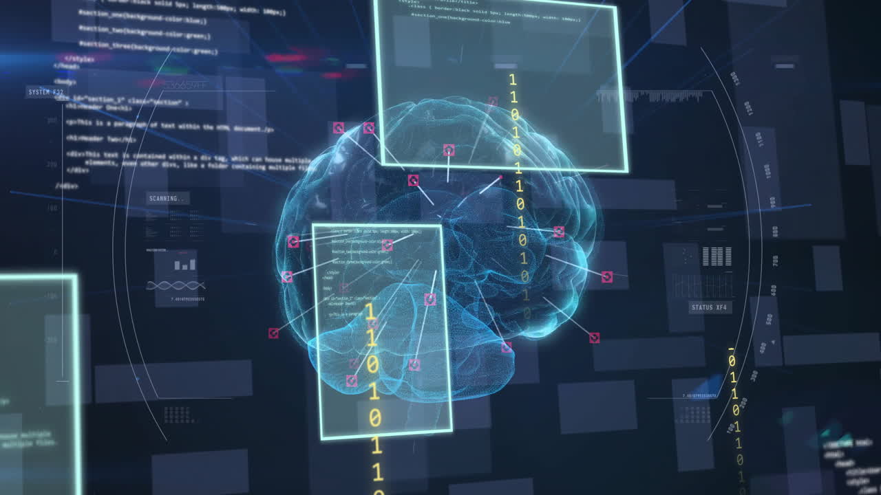 animación del procesamiento de datos y pantallas digitales a través del giro del cerebro digital