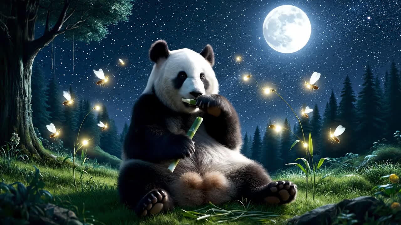 Moonlit panda with bamboo. A panda sits amid green grass and flowers, peacefully eating bamboo under a bright full moon in a serene forest