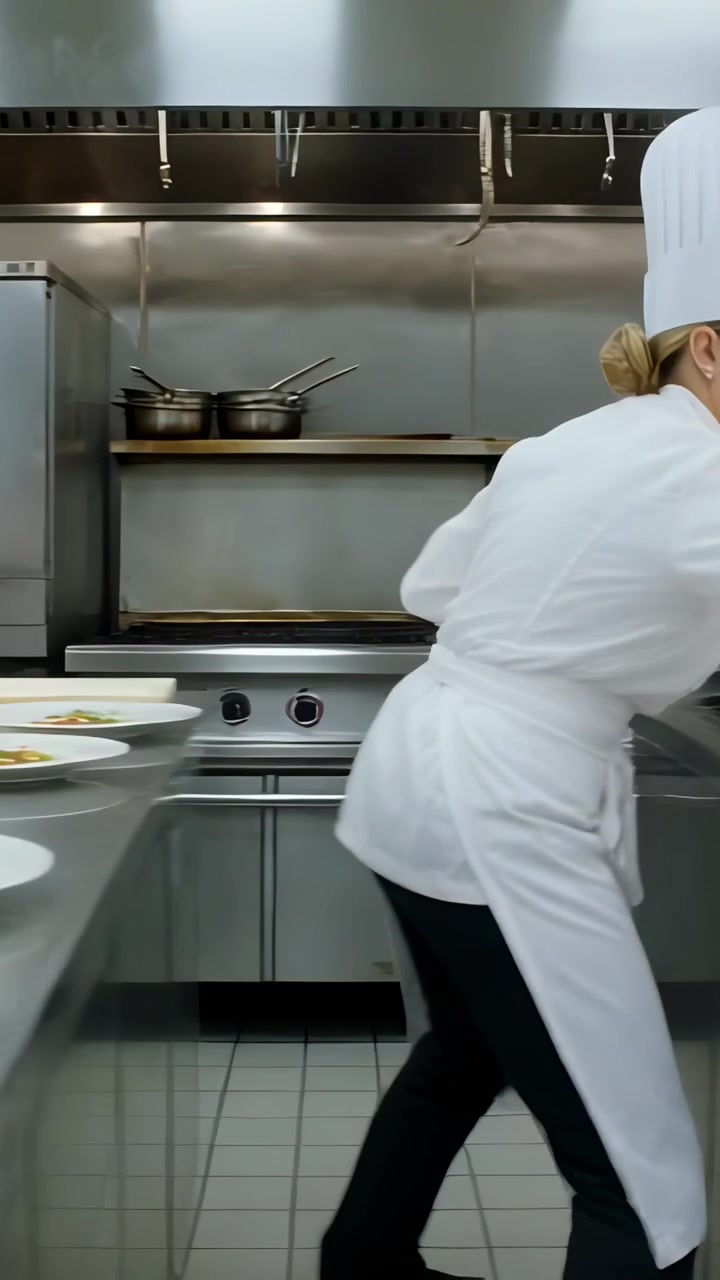 Video verticale: Chef asiatico in giacca che impiattava, aggiungendo guarnizioni sui piatti con le forchette al pass di servizio durante l'ora di punta.