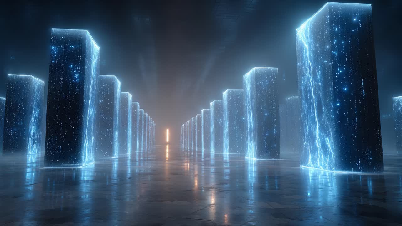 A Stunning Corridor of Glowing Pillars, Lit by Ethereal Light, Creates an Inviting Pathway Through an Enigmatic and Mystical Environment