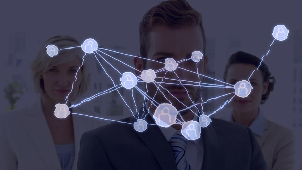 On load team standing in office with animated nodes and lines linking regions for network growth