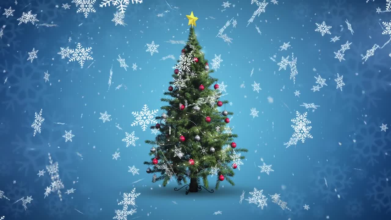 파란색 배경에 크리스마스 트리 위에 떨어지는 눈조각의 디지털 애니메이션