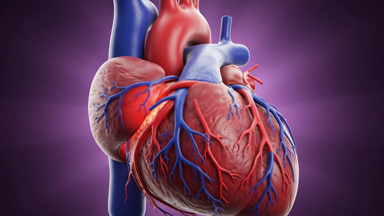 Modello 3D dettagliato di un cuore umano che evidenzia le strutture anatomiche, i vasi sanguigni e le camere in una vivace palette di colori, perfetto per scopi educativi.