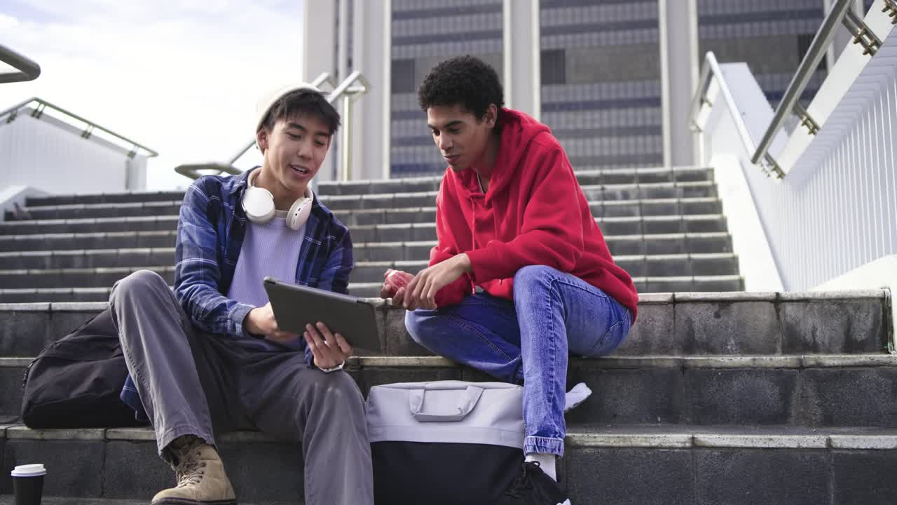 Quando um tablet exibe anotações, diversos amigos do sexo masculino revisam, apontam e navegam em degraus na praça