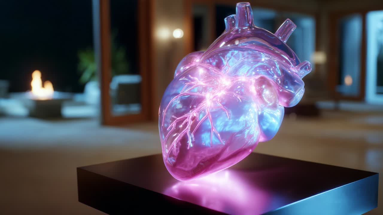 An Impressive Luminescent Heart Sculpture Glows with Vibrant Colors in a Contemporary Living Space, Capturing the Imagination with Its Unique Artistic Flair and Expert Craftsmanship