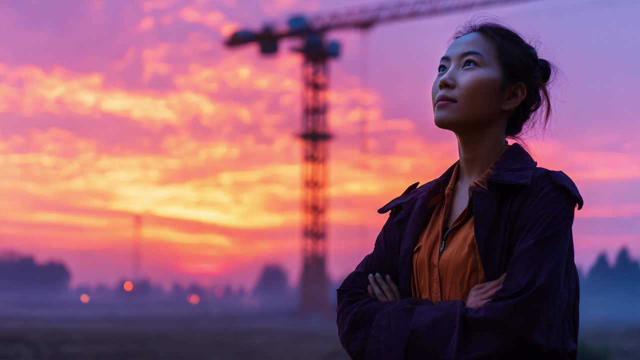 A Thoughtful Woman Stands Beneath a Crane as the Sun Sets, Capturing a Moment of Contemplation Amidst a Colorful Sky Filled with Beautiful Hues of Orange, Pink, and Purple, Symbolizing Hope and New Beginnings