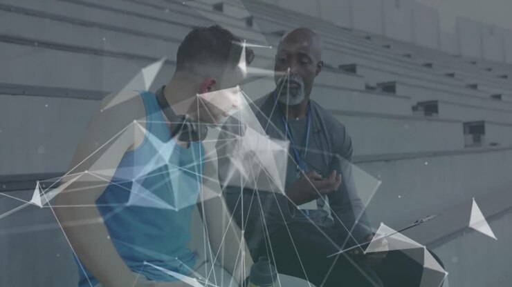 Animation of geometrical shapes over african american trainer and caucasian runner talking on stands