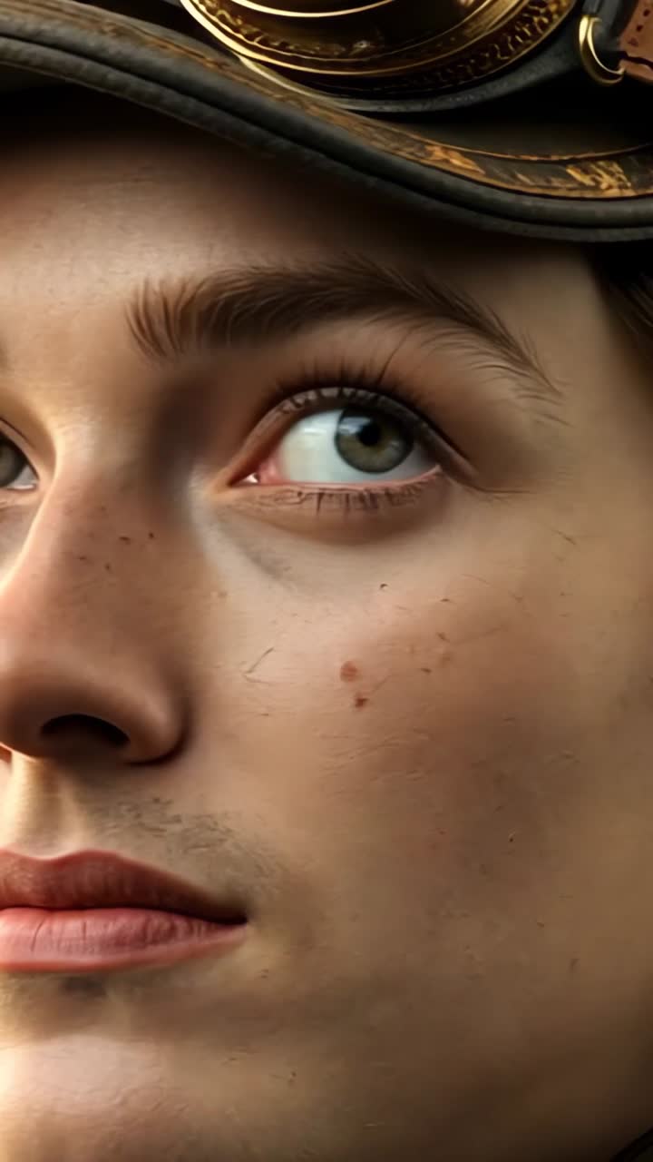 Vertical video: Camera panning over jawline revealing steampunk cap and goggles in studio