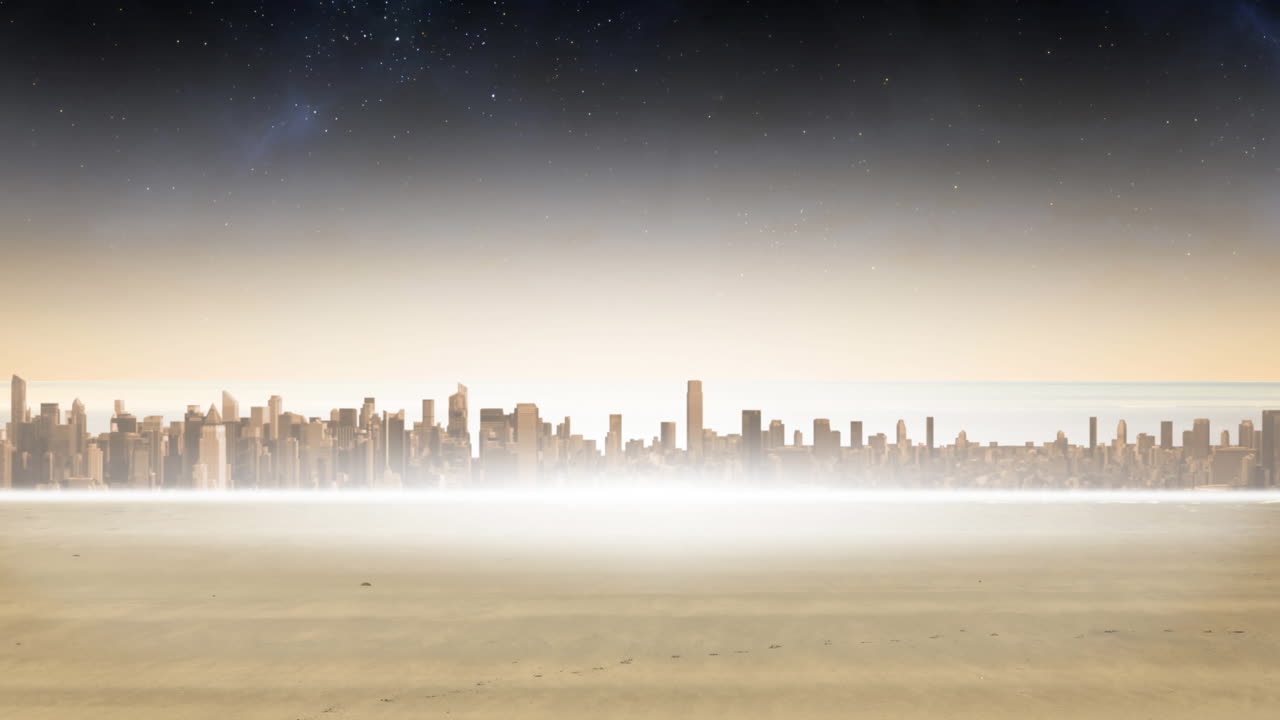 Distant cityscape with modern buildings and smog with stars on night sky