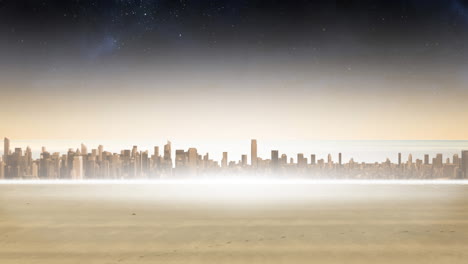 distant cityscape with modern buildings and smog with stars on night sky