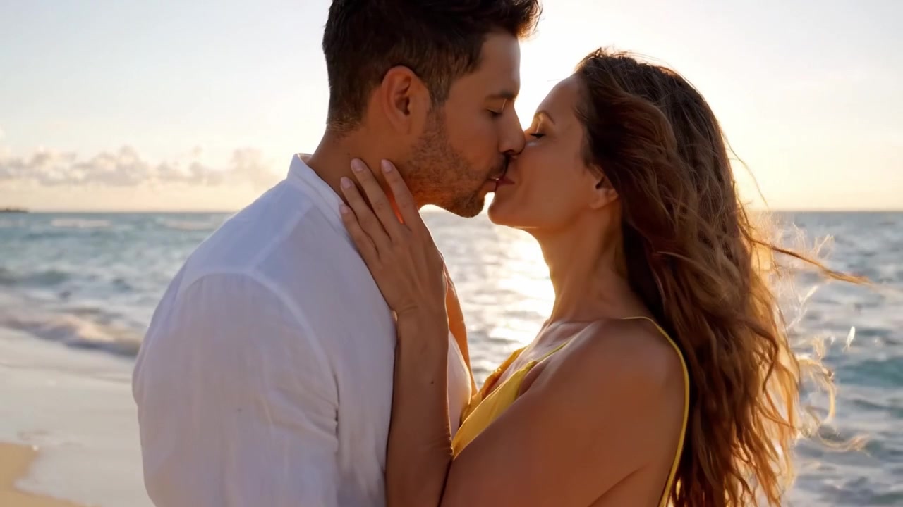 A Romantic Beach Moment: A Couple Embraces at Sunset, Capturing Love and Connection Amidst a Serene Coastal Landscape
