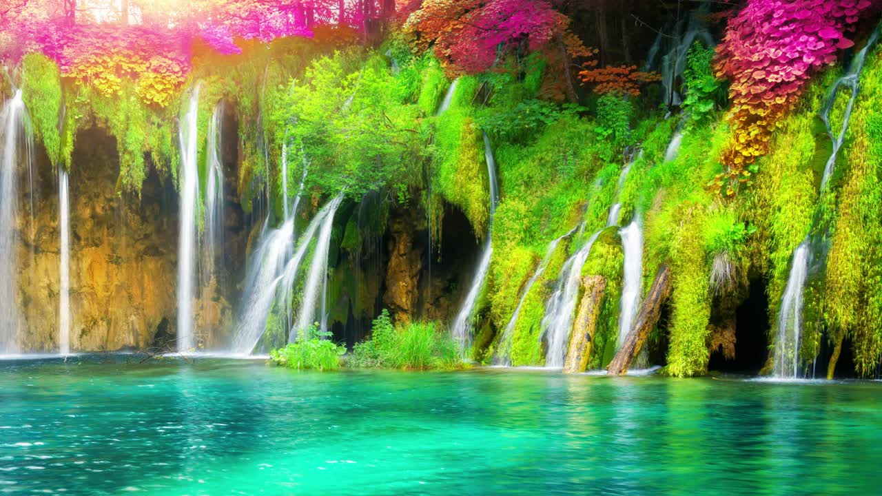 cinemagraph video de la cascada en los lagos de plitvice croacia, fantasía de color de follaje