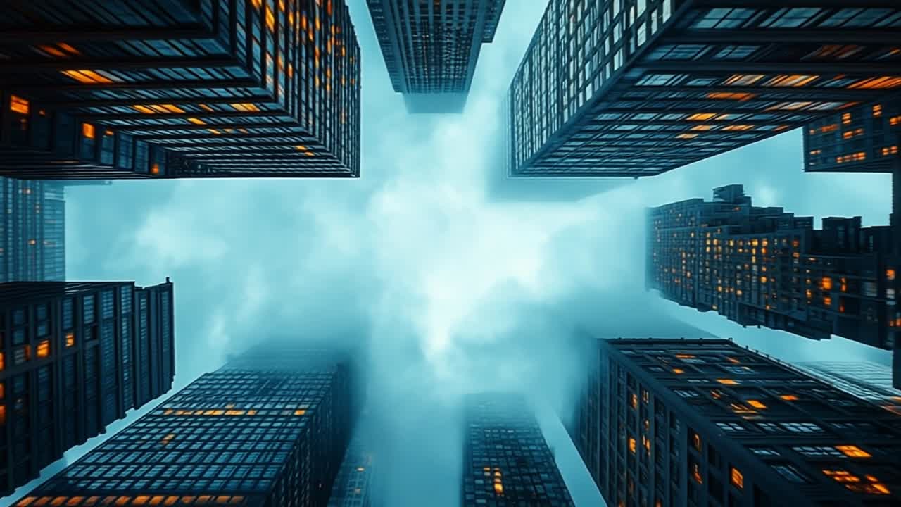 Skyscrapers touching the sky. Looking up from a city street, tall skyscrapers surround and reflect cloudy skies, creating a dramatic atmosphere.