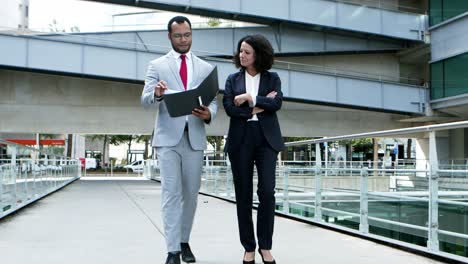 smiling business people discussing papers