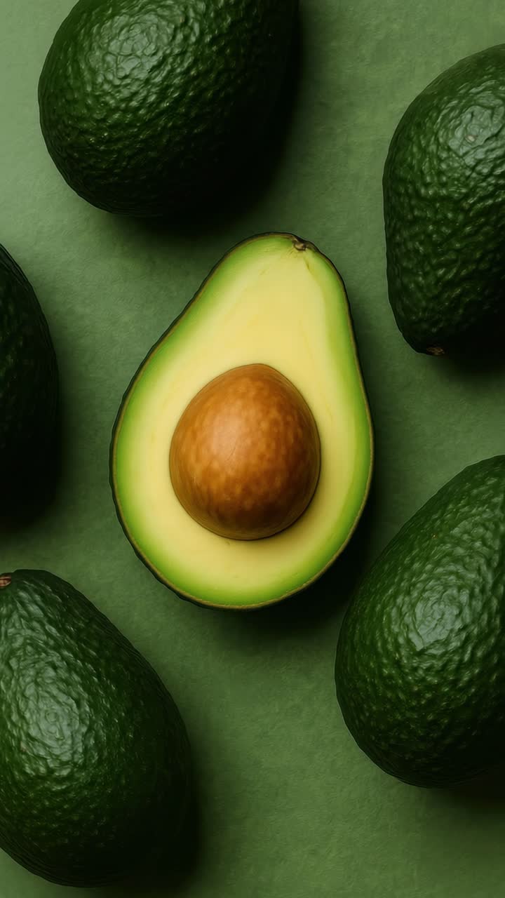 Vista dall'alto di avocado su una superficie verde, che evidenzia uno tagliato a metà al centro.