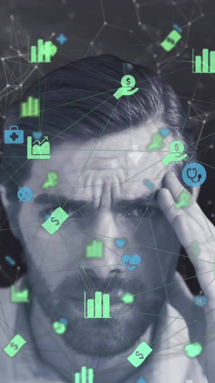 Animation of icons and connected dots forming geometric shapes over stressed caucasian man