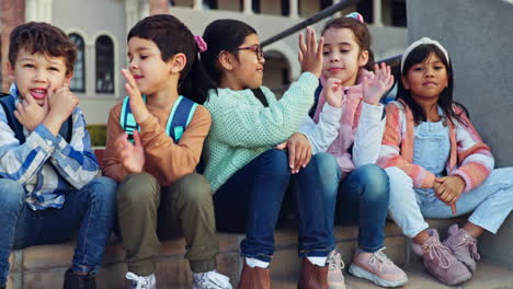 school, friends and children high five on stairs