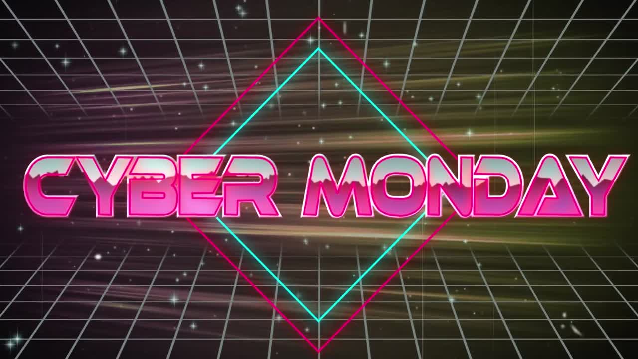 animación del banner de texto de cyber monday sobre la red de cuadrícula contra puntos brillantes en el fondo dorado.