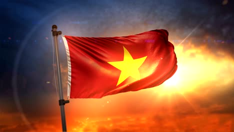 bandera de vietnam retroiluminada en el hermoso amanecer bucle cámara lenta 4k