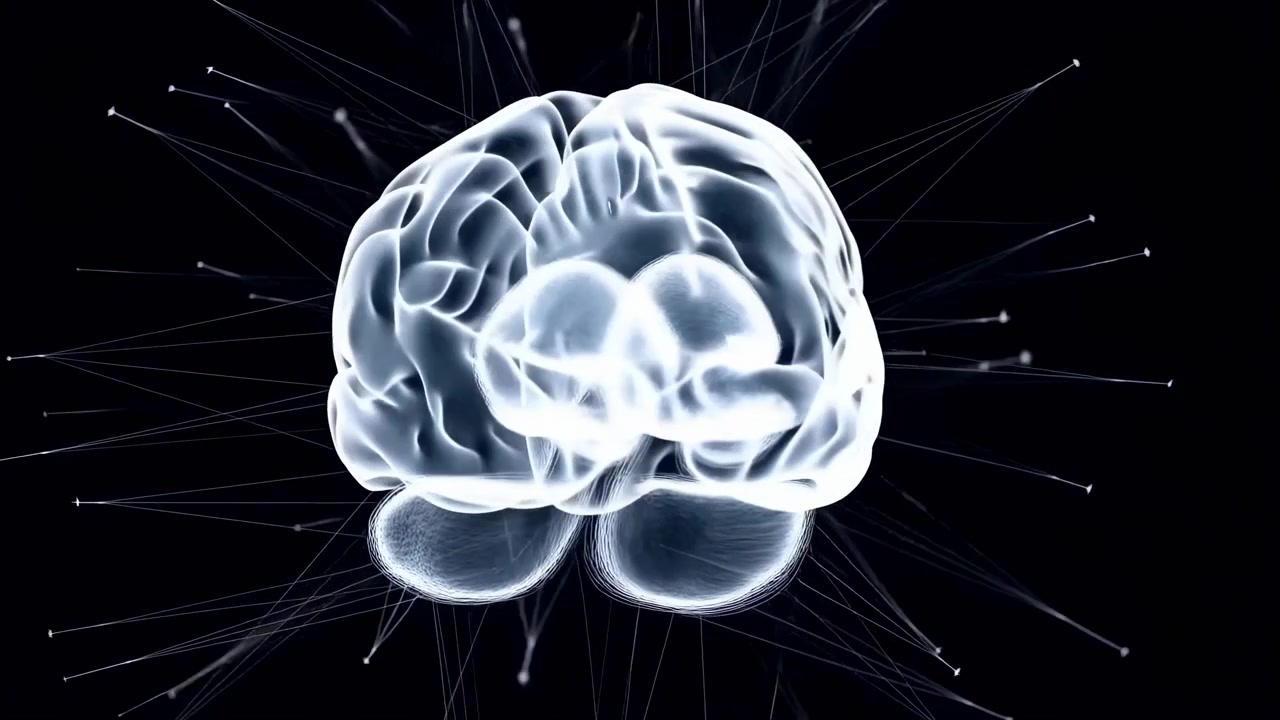 Glowing Brain Hologram Rotating Against Dark Background With Radiating Neural Connections And Pulsing Signals,