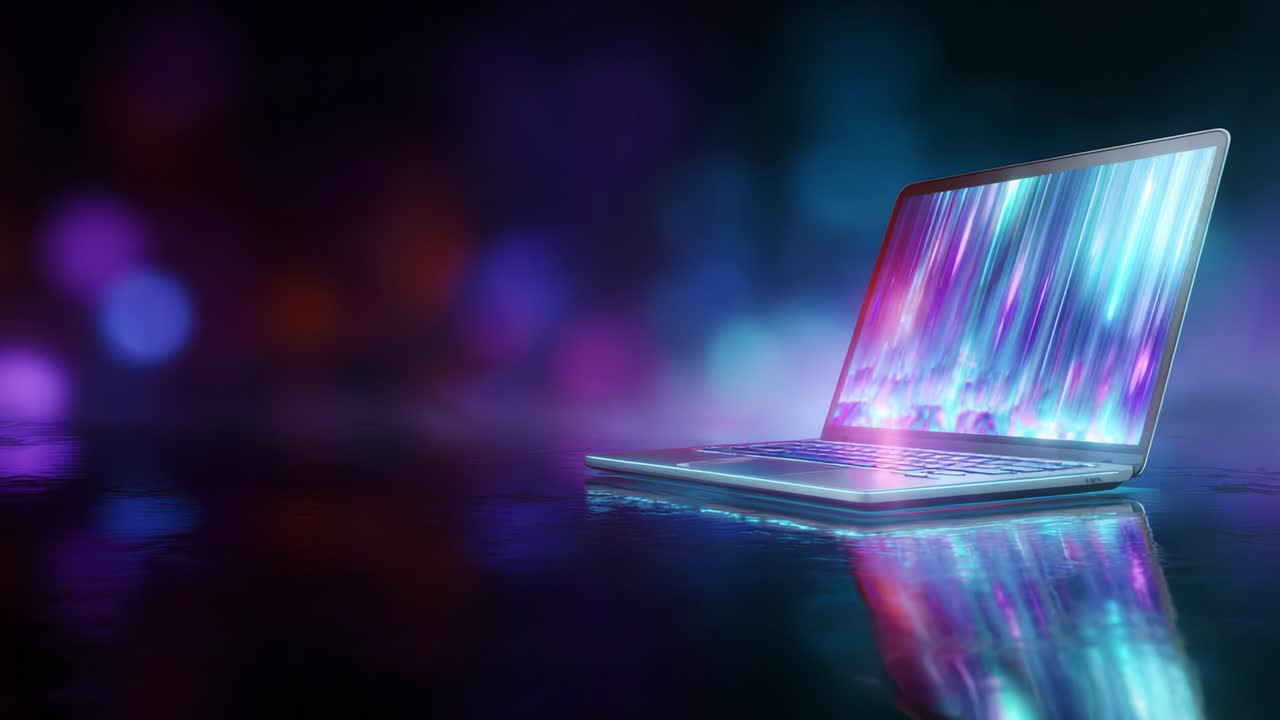 A beautifully illuminated laptop sits prominently against a blurred, colorful background, showcasing a cutting-edge design that captivates the viewer's imagination and invites creativity. The vibrant display radiates modern elegance