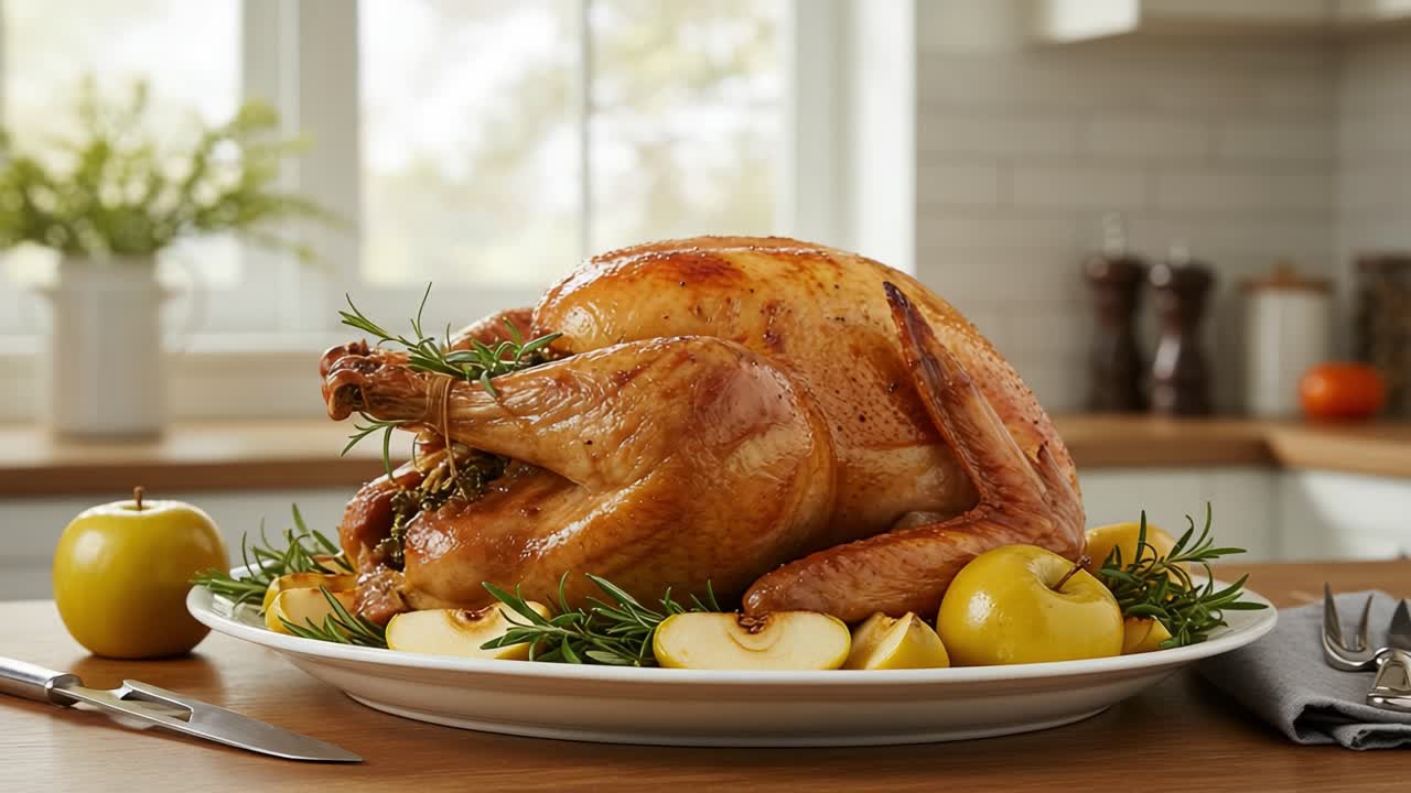 Un tacchino splendidamente arrosto con mele e rosmarino, presentato in una cucina luminosa