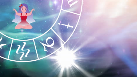 Animation of star sign with horoscope wheel spinning over stars on green to purple background
