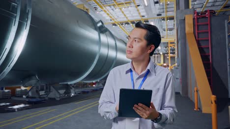 ingeniero inspeccionando grandes equipos en una fábrica