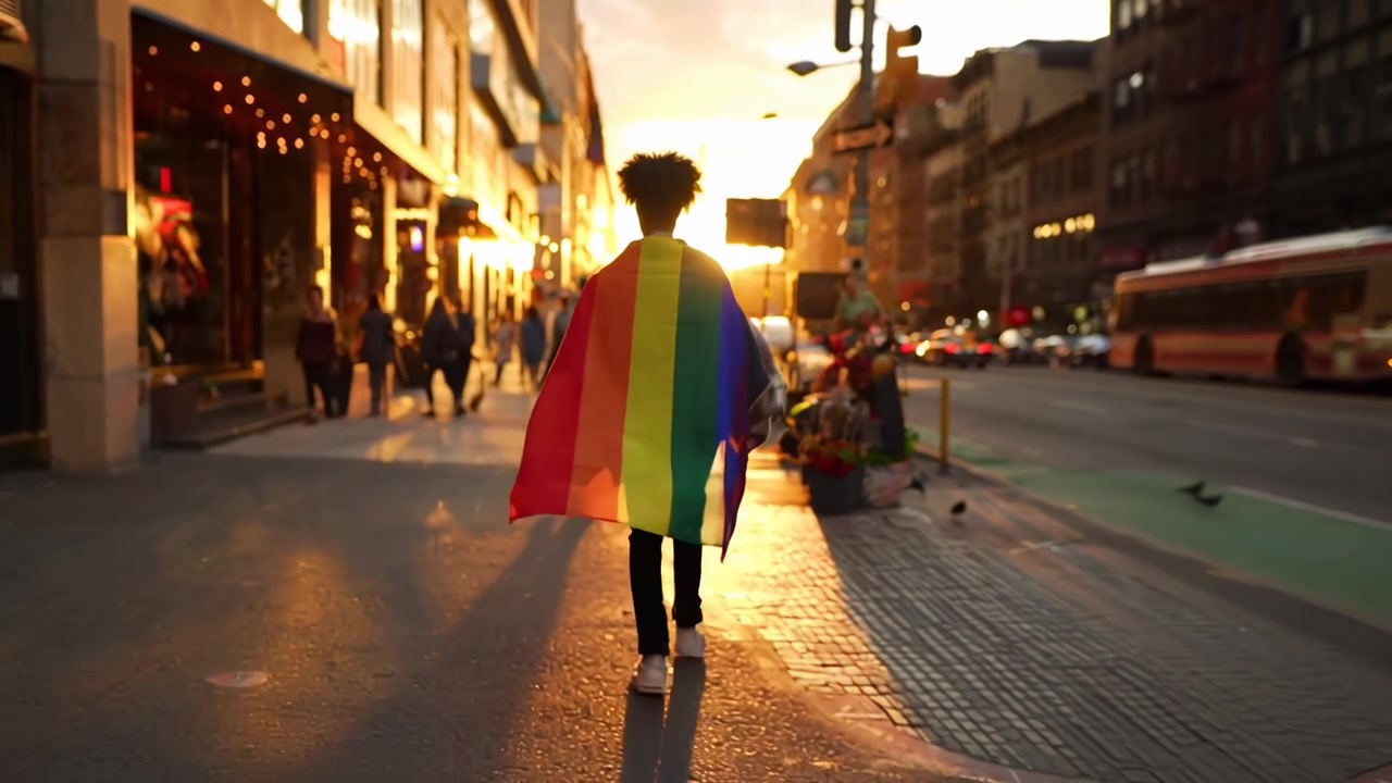 Person mit Regenbogenflaggen-Umhang geht bei Sonnenuntergang eine Stadtstraße entlang