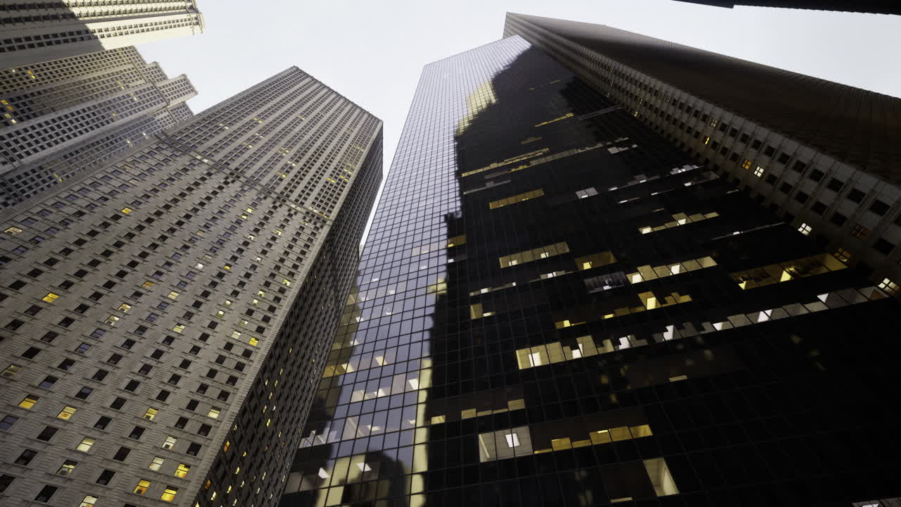Skyscrapers tower over city streets during twilight hour in urban landscape