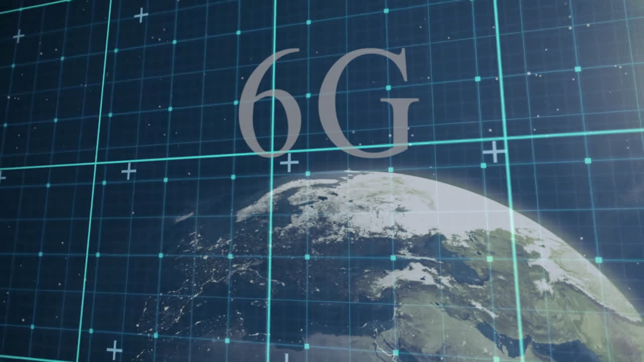 Animation of digital grid and Earth from space with 6G text overlaying