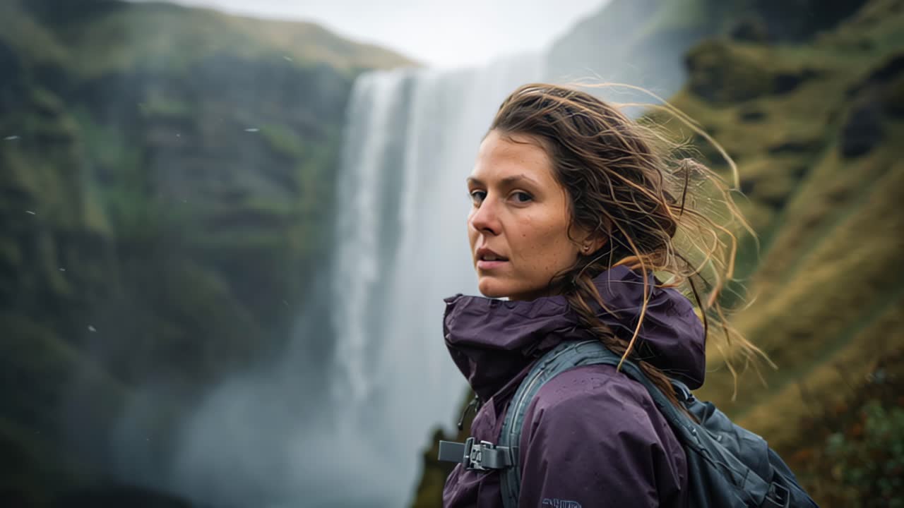 Cinematic footage of a young woman hiker with backpack standing outdoors by a dramatic waterfall in misty mountains, travel adventure and nature exploration concept