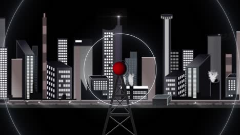 antenna sends signal waves out in front of city. seamless loop